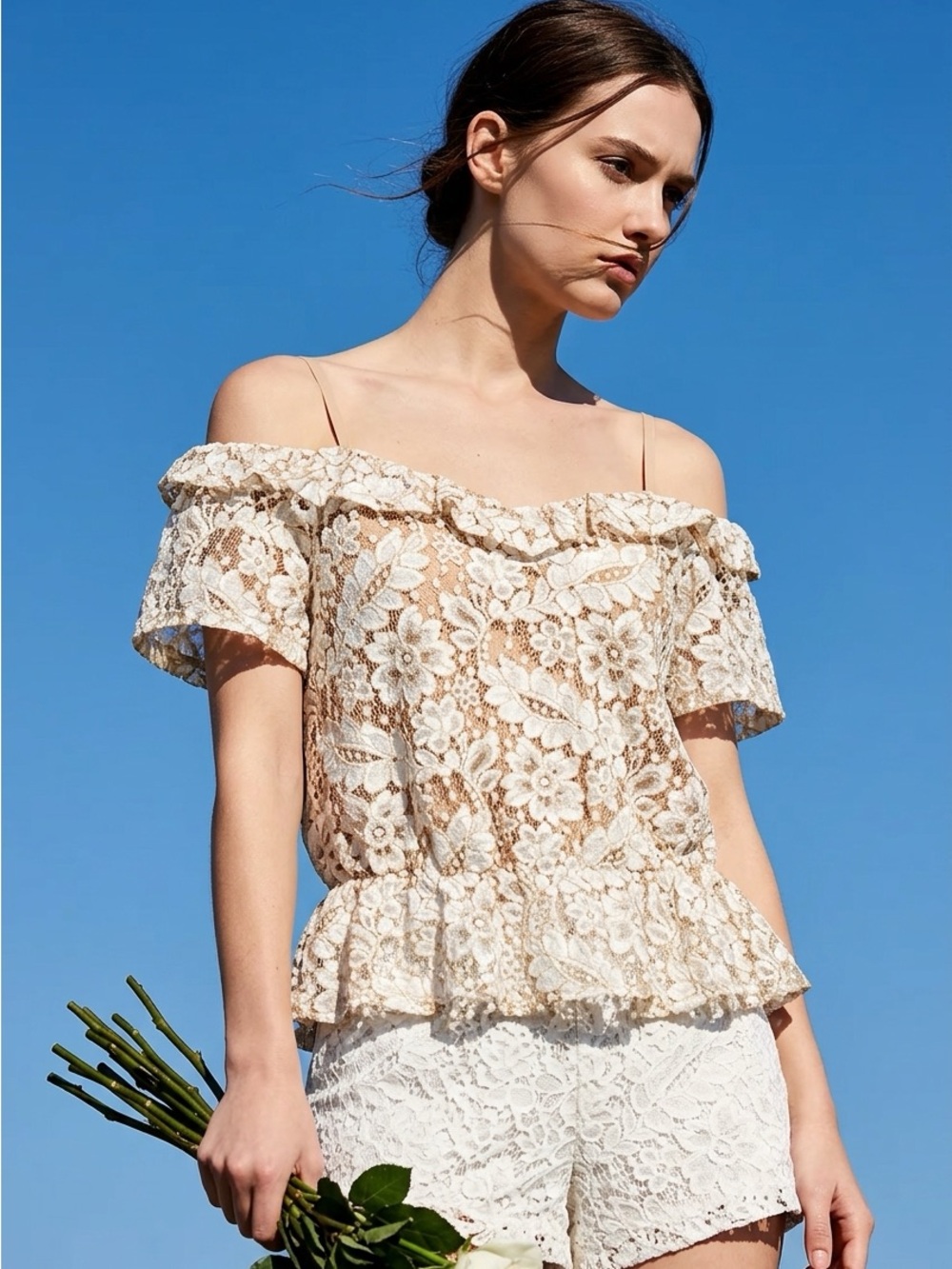 A Peach Lacey Romantic Cottagecore Blouse Off the Shoulder Ruffles Top Tan Ivory